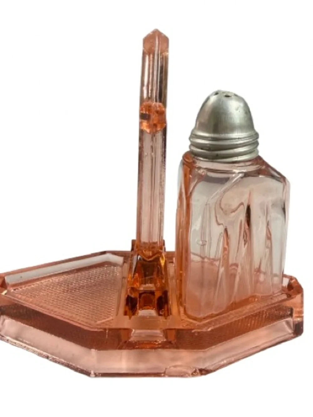 Vintage Pink Depression Glass Condiment Caddy Stand & Single Shaker Art Deco